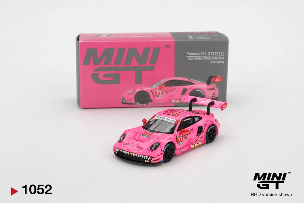 Mini GT Porsche 911 GT3 R #77 AO Racing Pink Dinosaur 2024 IMSA #1052 1:64