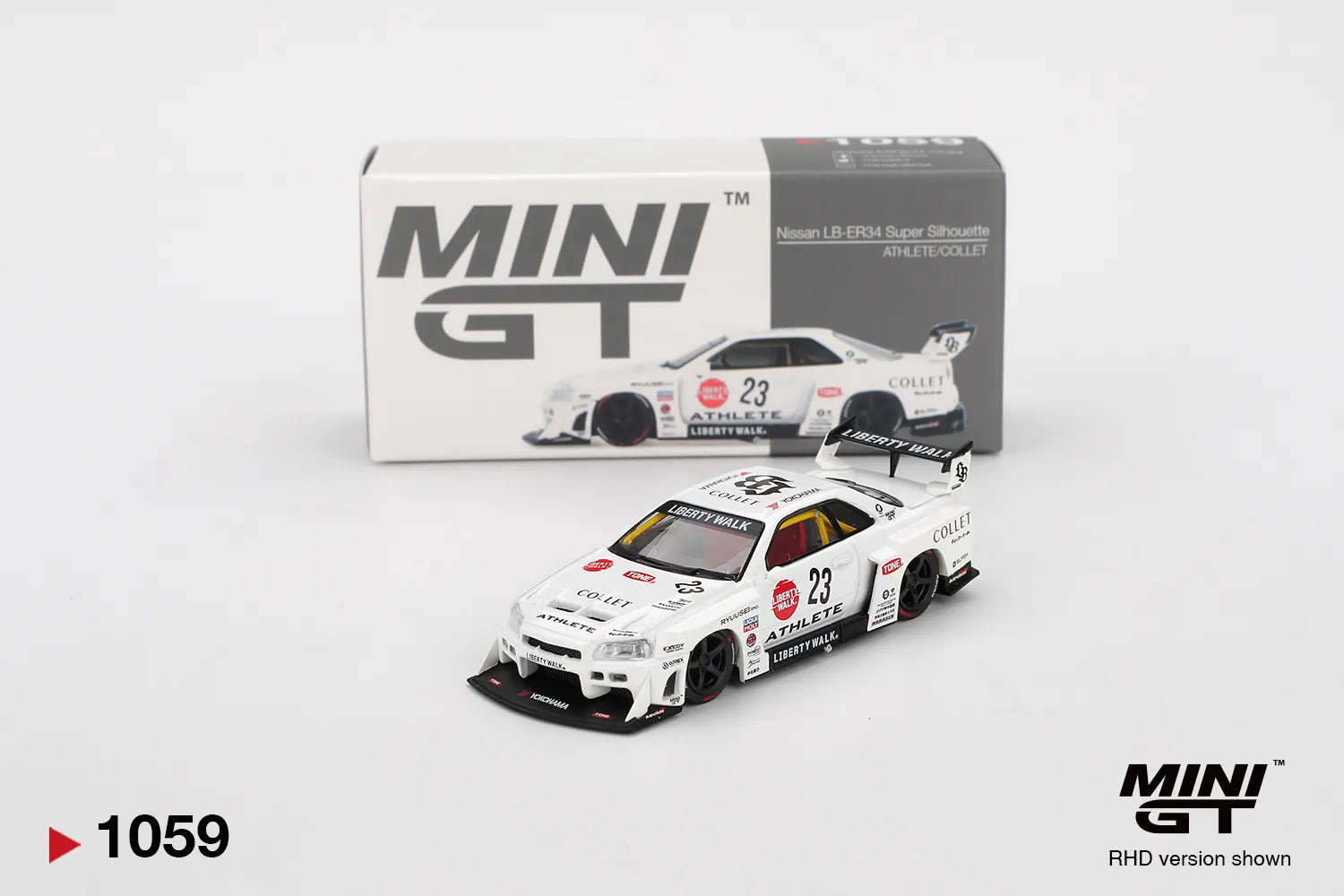 Mini GT Nissan LB-ER34 Super Silhouette Athlete Collet White 1:64