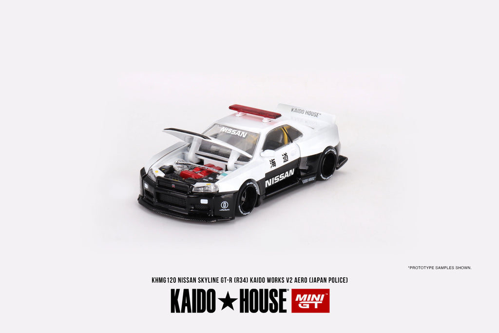 Nissan Skyline GT-R R34 Kaido Works Police V2 White Black 1:64