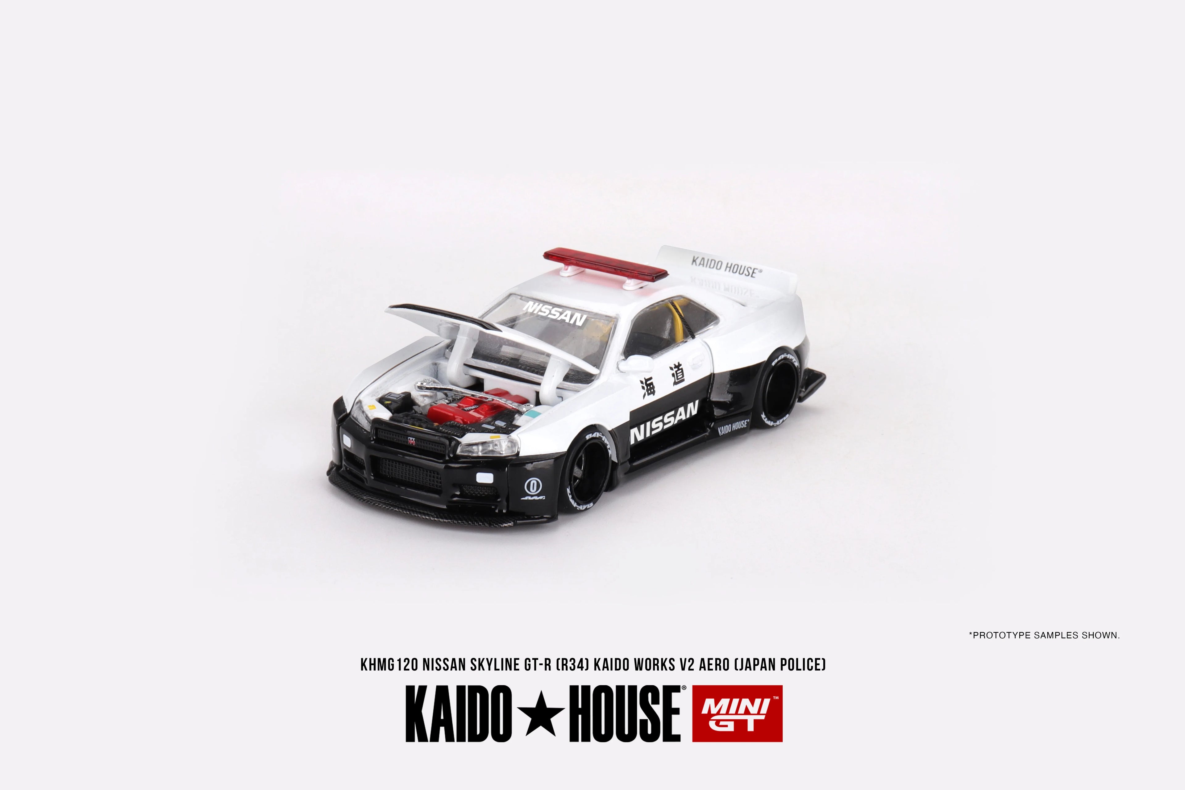 Nissan Skyline GT-R R34 Kaido Works Police V2 White Black 1:64