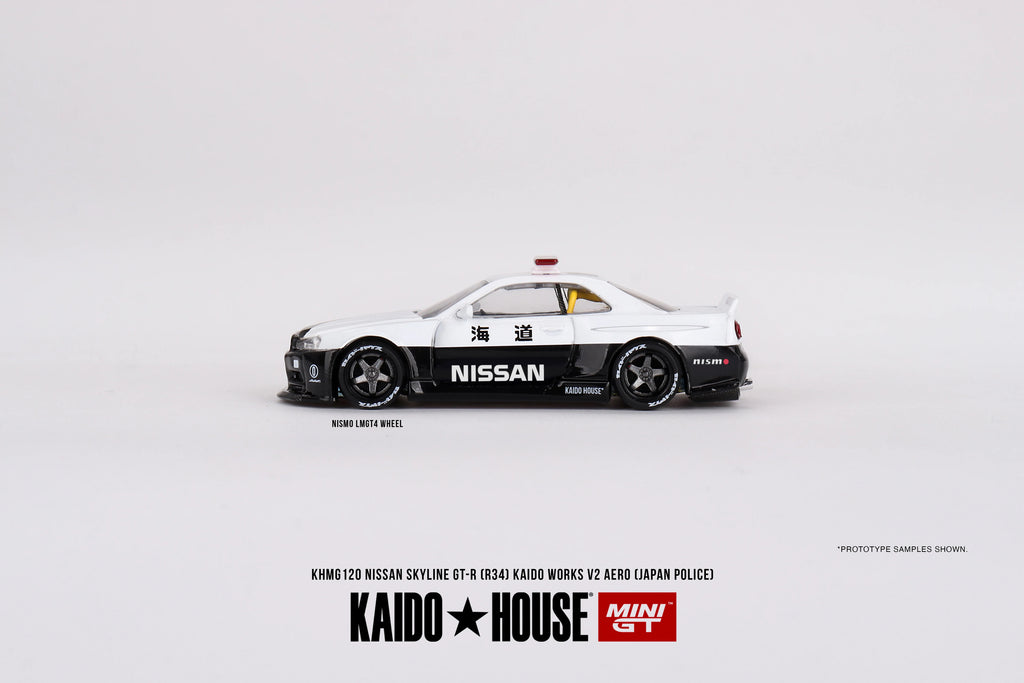 Nissan Skyline GT-R R34 Kaido Works Police V2 White Black 1:64