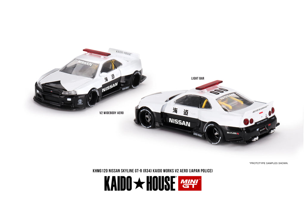 Nissan Skyline GT-R R34 Kaido Works Police V2 White Black 1:64