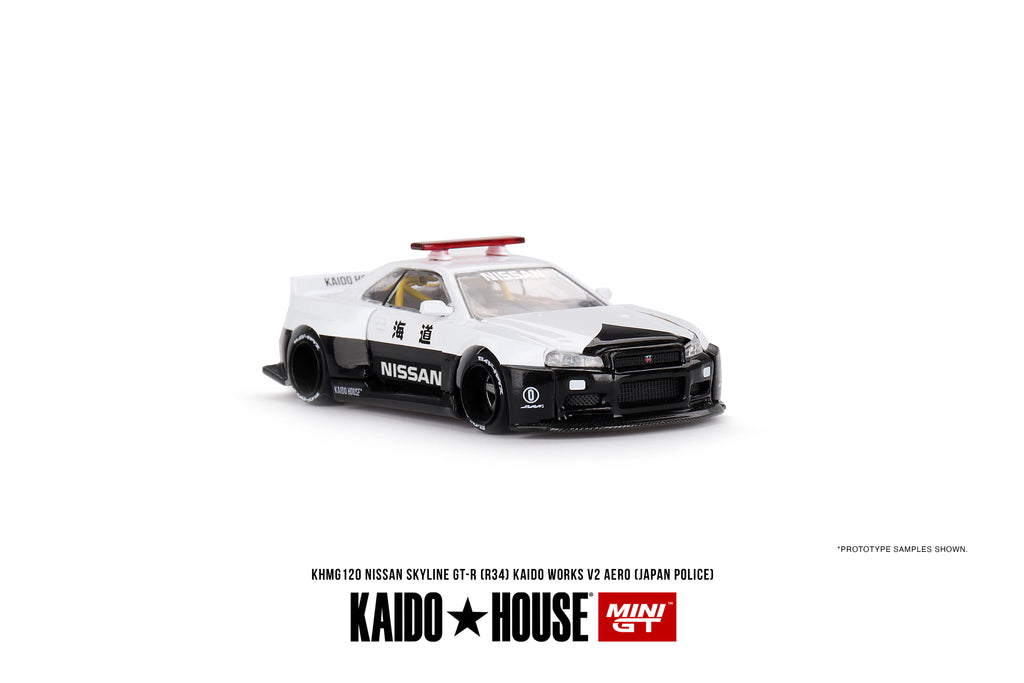 Nissan Skyline GT-R R34 Kaido Works Police V2 White Black 1:64