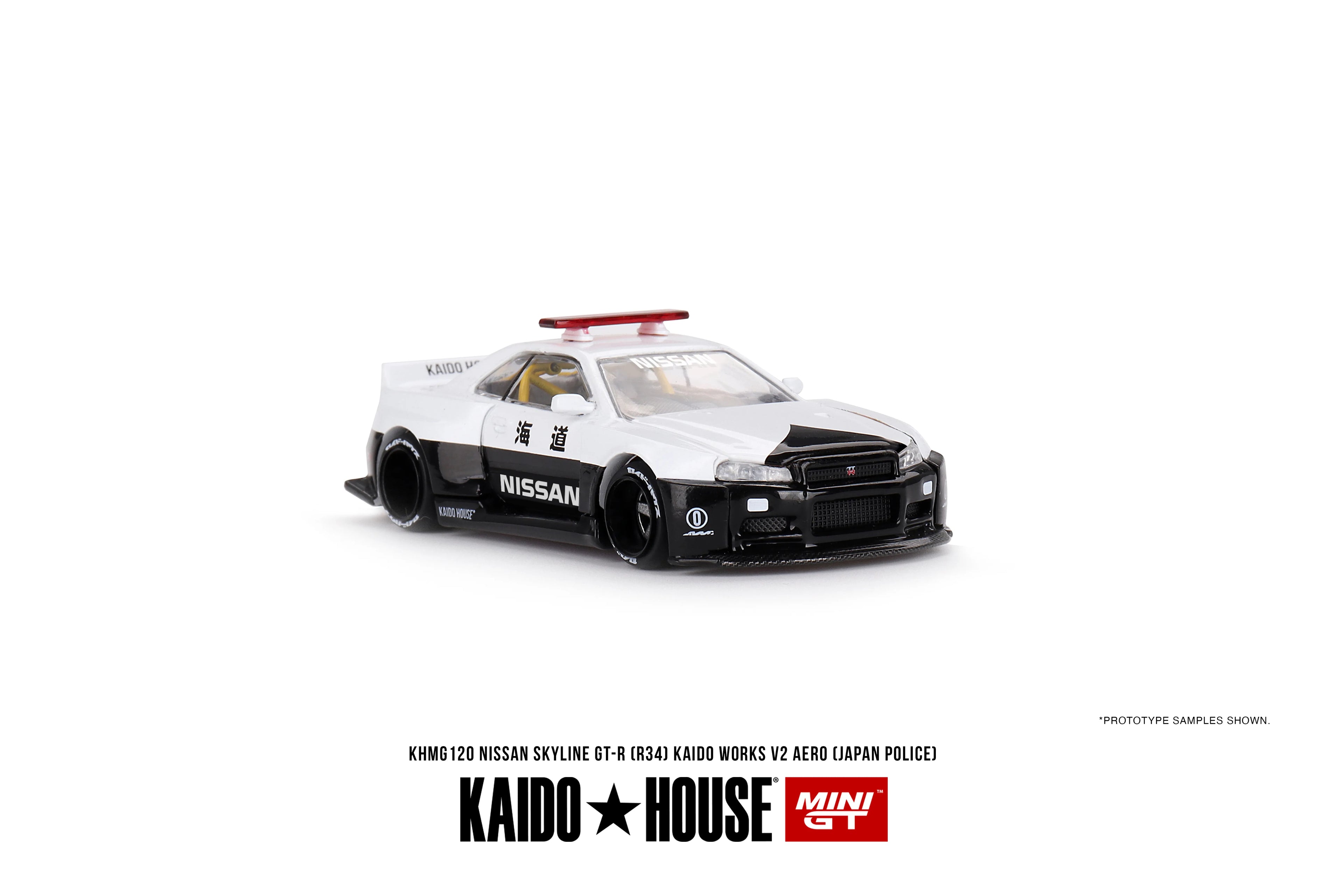 Nissan Skyline GT-R R34 Kaido Works Police V2 White Black 1:64
